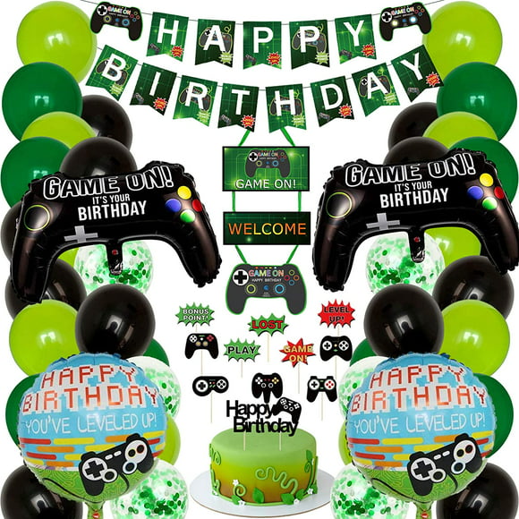 Gaming Balloons Video Game Party Supplies Gamer Cake Topper/Cupcake Toppers 117pcs Including Llama Happy Birthday Banner Gamer Stickers for Kids/Game Fans Gamer Party Supplies 